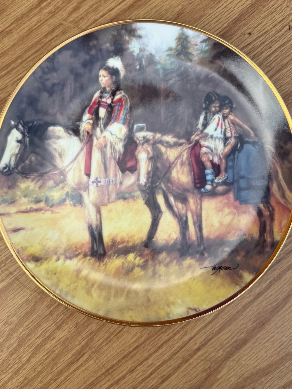 Decorative Native Plains Scene Ceramic Plate - Gold Rim, Multicolor